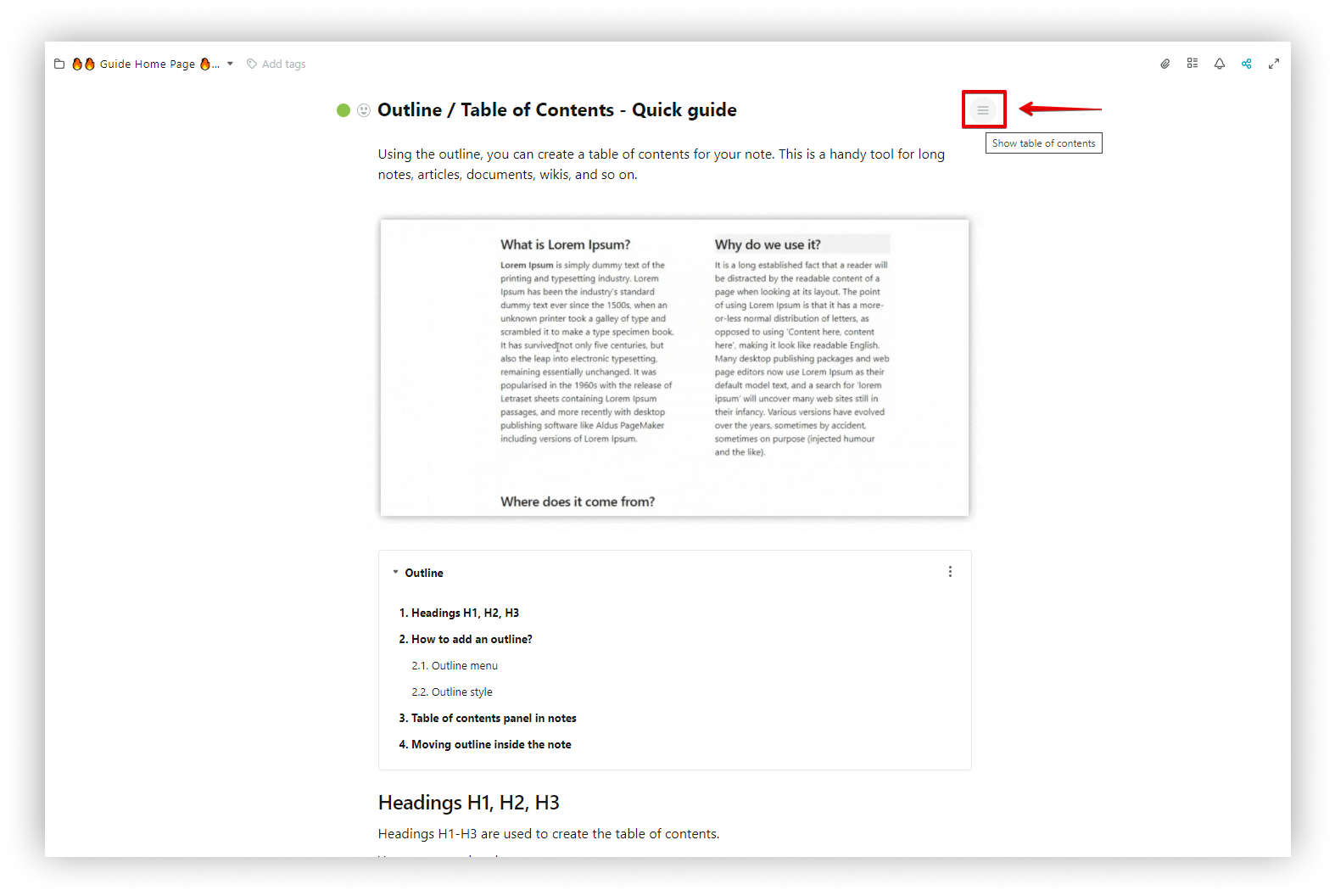 Page's table of contents panel outside the editor